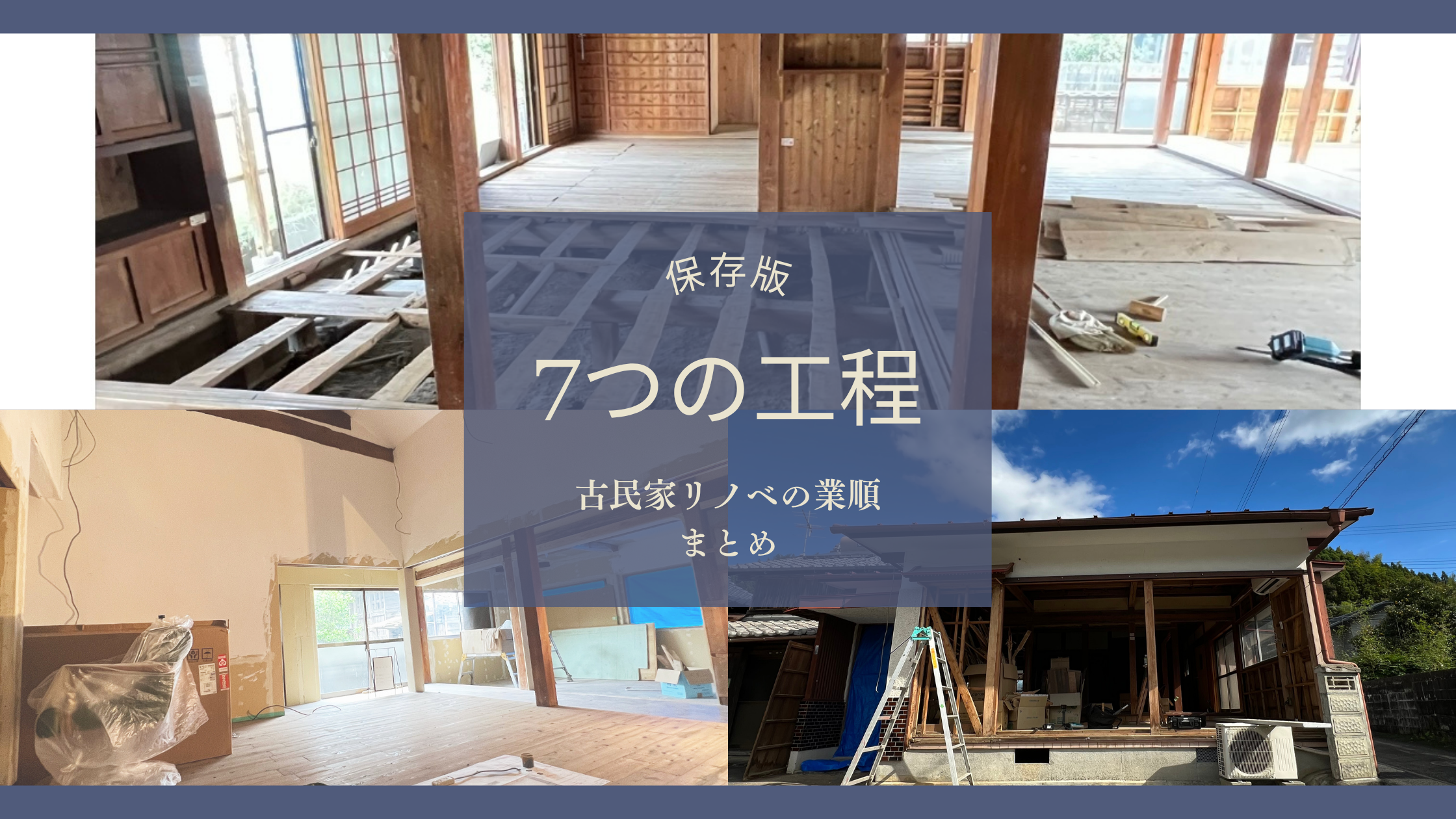 古民家をセルフリノベーションする工程をまとめたアイキャッチ画像。床張り・解体・外壁施工などの場面写真をコラージュし、「保存版 7つの工程 古民家リノベの業順まとめ」という文字が中央に入っている。